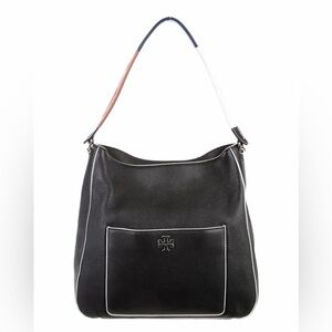 Tory Burch Berkeley Hobo Black Pebbled Leather White Trim Shoulder Bag